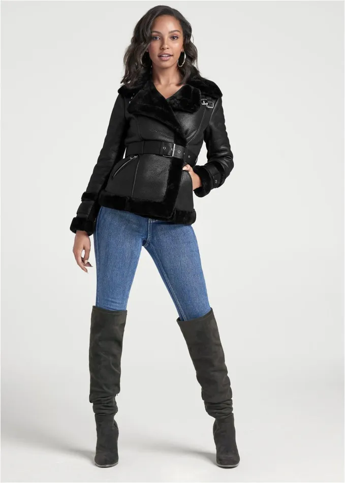 Fur Trim Fauxleather Coat Black Women VENUS Coats