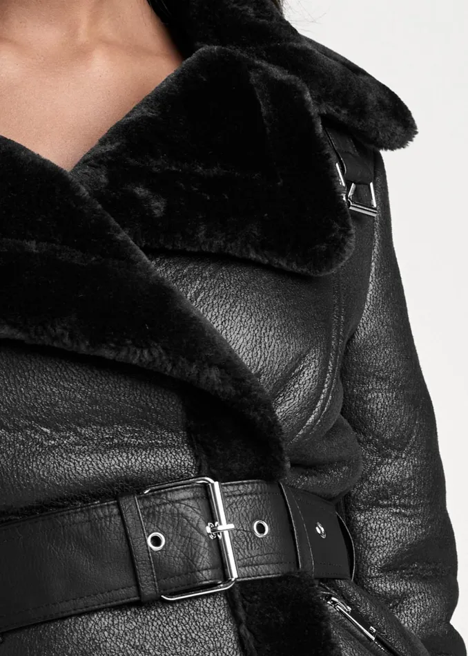 Fur Trim Fauxleather Coat Black Women VENUS Coats