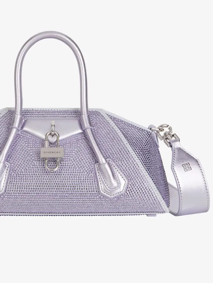 Givenchy Mini Antigona Stretch Bag In Satin With Strass Lavender Women Crossbody Bags Givenchy Mini Antigona Stretch Bag In Satin With Strass Lavender Women Crossbody Bags