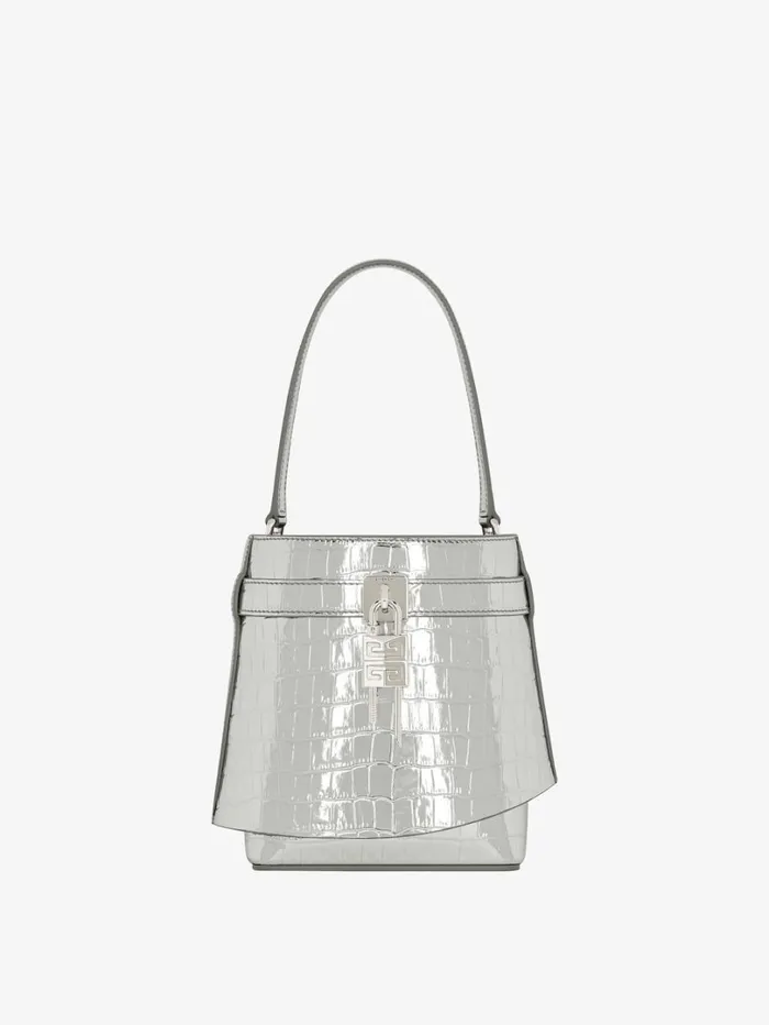 Givenchy Shark Lock Bucket Bag In Crocodile Effect Leather Light Silvery Women Crossbody Bags