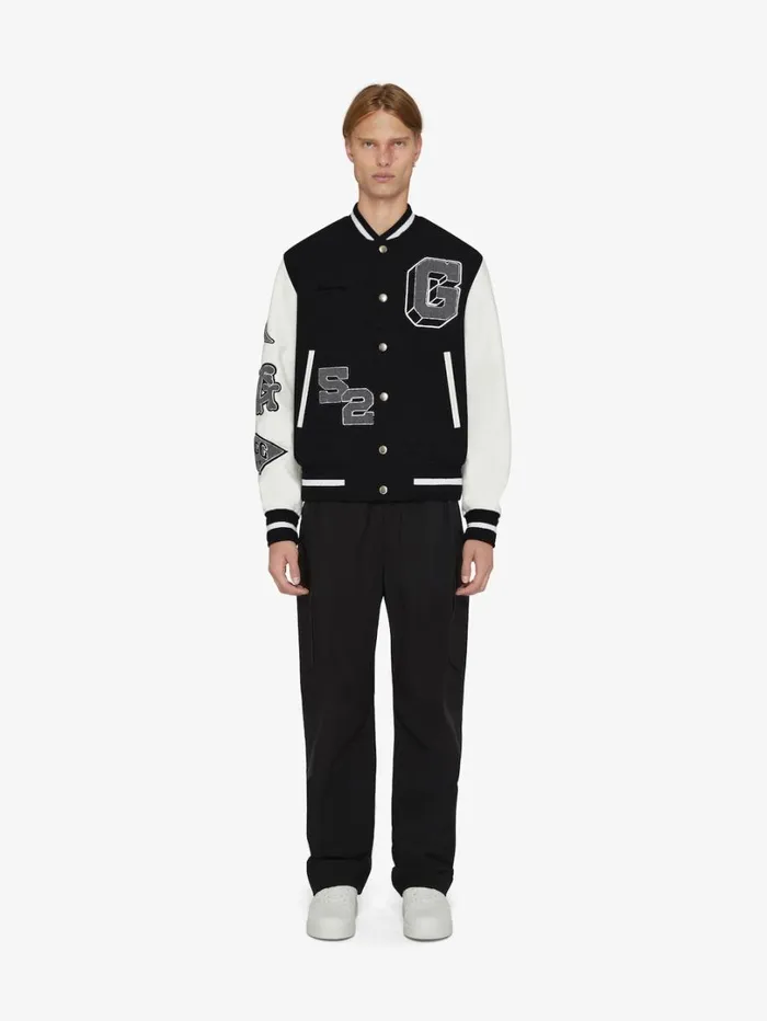 Givenchy Varsity Jacket In Embroidered Wool And Leather Blackwhite Men Outerwear and Blousons