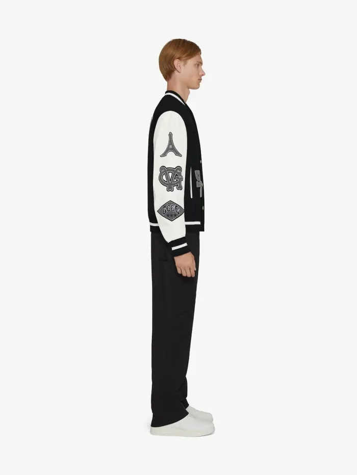 Givenchy Varsity Jacket In Embroidered Wool And Leather Blackwhite Men Outerwear and Blousons