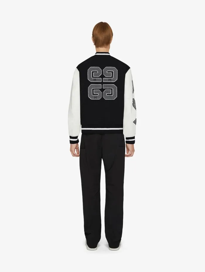 Givenchy Varsity Jacket In Embroidered Wool And Leather Blackwhite Men Outerwear and Blousons