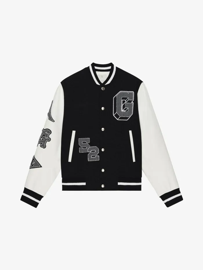 Givenchy Varsity Jacket In Embroidered Wool And Leather Blackwhite Men Outerwear and Blousons