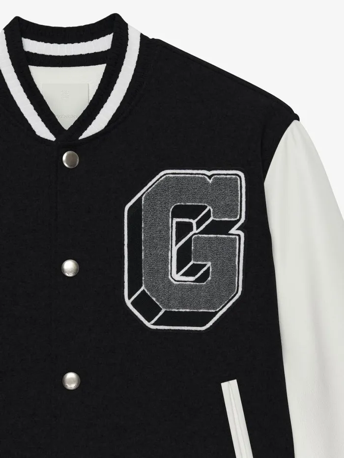 Givenchy Varsity Jacket In Embroidered Wool And Leather Blackwhite Men Outerwear and Blousons