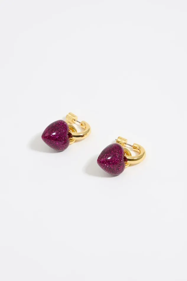 Heart Hoop Earrings With Fuchsia Glitter Candy Pink Women Bimba Y Lola Jewelry Heart Hoop Earrings With Fuchsia Glitter Candy Pink Women Bimba Y Lola Jewelry