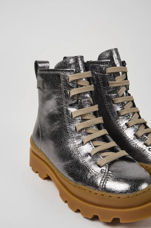 Kids Brutus Gray Leather Ankle Boots For Kids Camper Boots