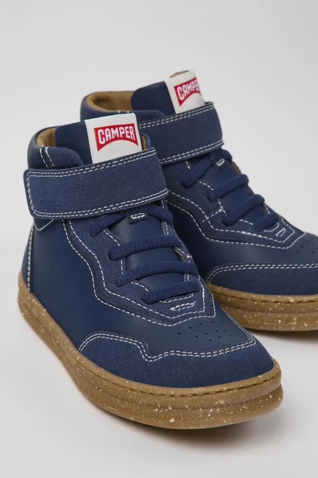 Kids Runner Dark Blue Leather And Nubuck Ankle Boots For Kids Camper Boots