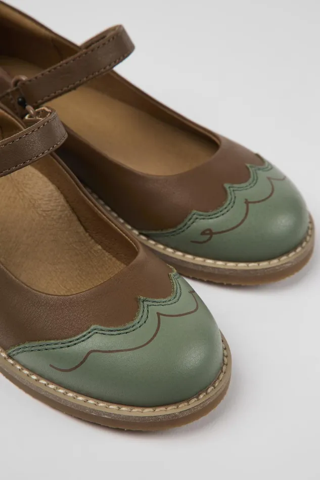 Kids Twins Brown And Green Leather Ballerinas For Kids Camper Ballerinas