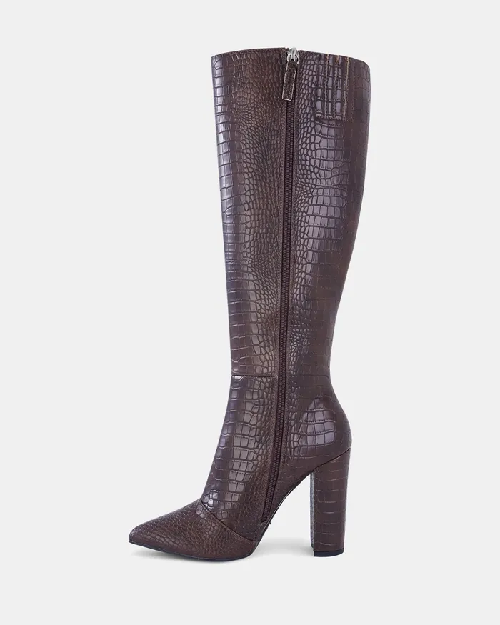 Knee High Boots NOVO Shoes Women REBELLION MT MILK CHOC CROC Heeled Boots