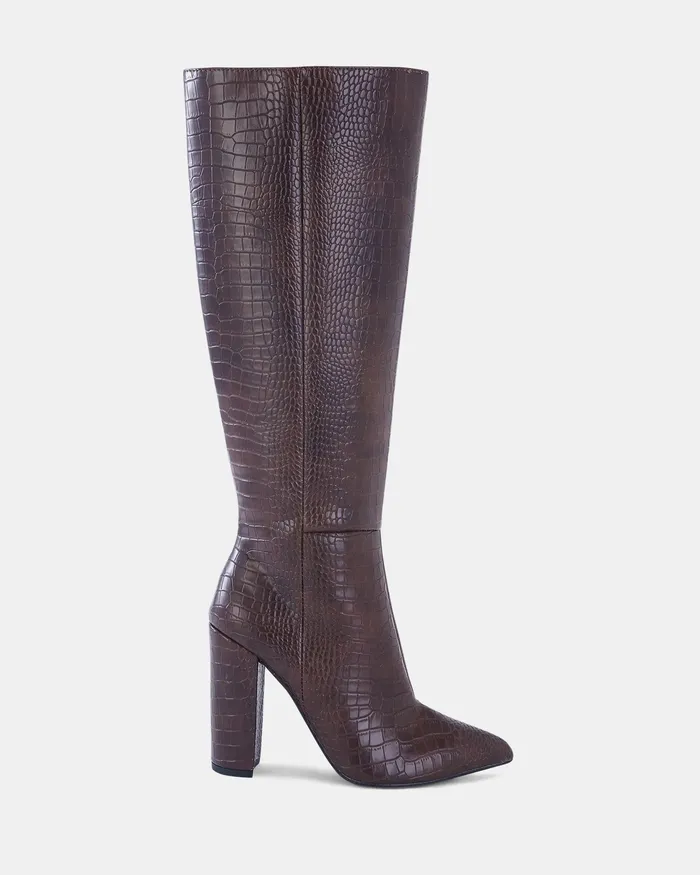 Knee High Boots NOVO Shoes Women REBELLION MT MILK CHOC CROC Heeled Boots