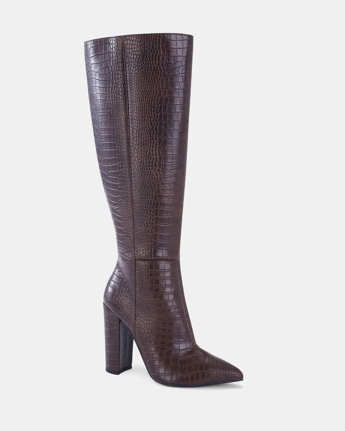 Knee High Boots NOVO Shoes Women REBELLION MT MILK CHOC CROC Heeled Boots
