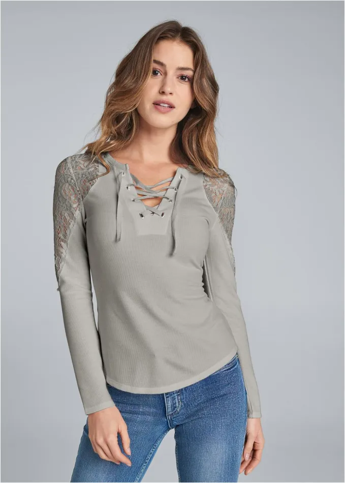 Lace Sleeve LaceUp Top Grey Women VENUS Casual Tops