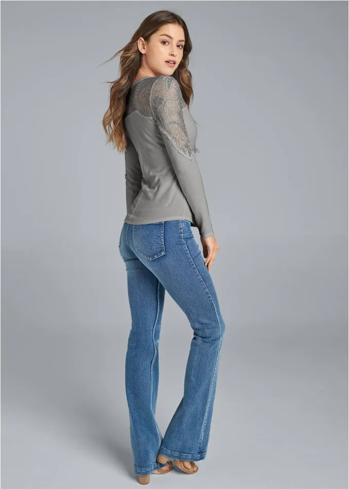Lace Sleeve LaceUp Top Grey Women VENUS Casual Tops