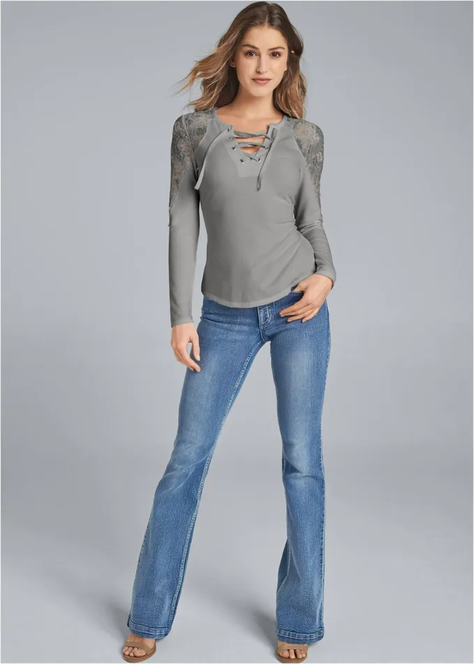 Lace Sleeve LaceUp Top Grey Women VENUS Casual Tops