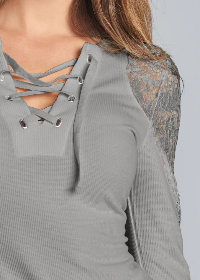 Lace Sleeve LaceUp Top Grey Women VENUS Casual Tops