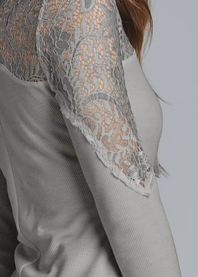 Lace Sleeve LaceUp Top Grey Women VENUS Casual Tops