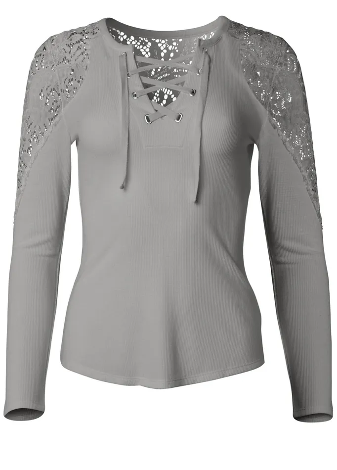 Lace Sleeve LaceUp Top Grey Women VENUS Casual Tops