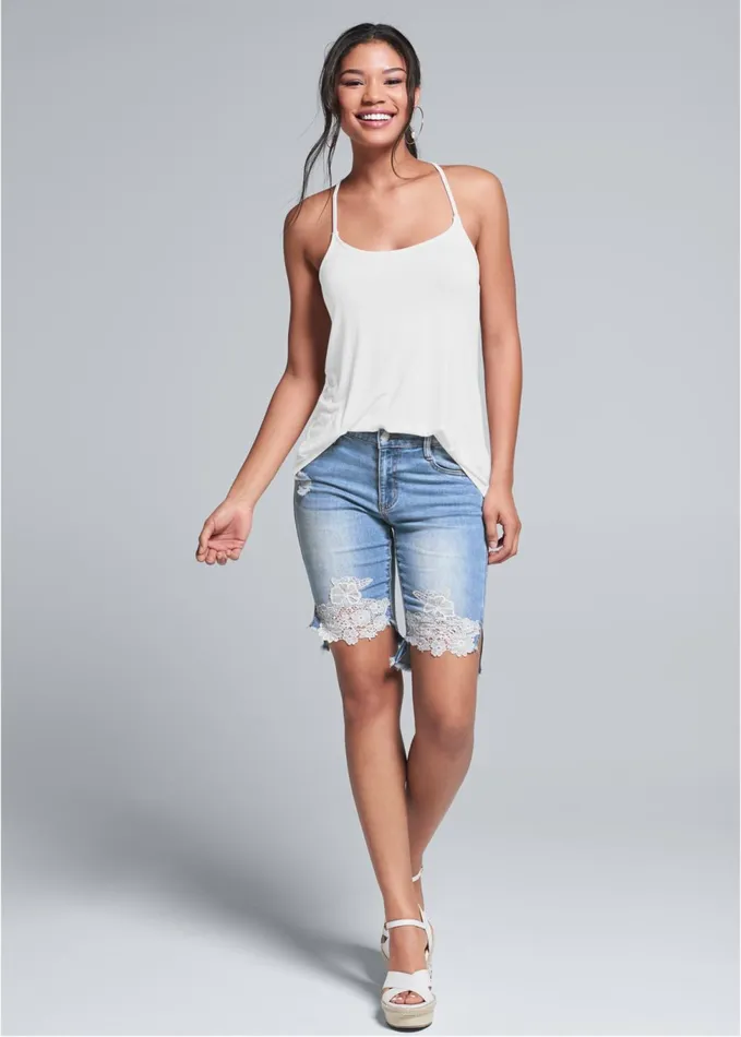 LACE TRIM BERMUDA SHORTS Medium Wash Women VENUS Shorts