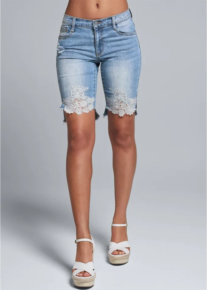 LACE TRIM BERMUDA SHORTS Medium Wash Women VENUS Shorts