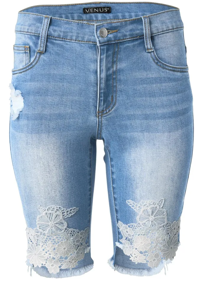 LACE TRIM BERMUDA SHORTS Medium Wash Women VENUS Shorts