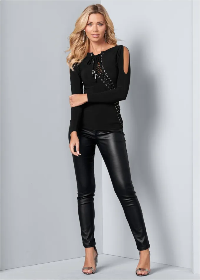 Laceup Coldshoulder Top Black Women VENUS Night Out Tops