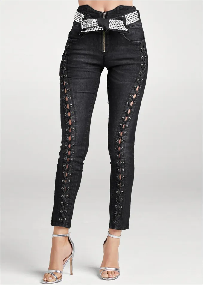 LaceUp Tie Belt Jeans Black Denim Women VENUS Novelty Jeans