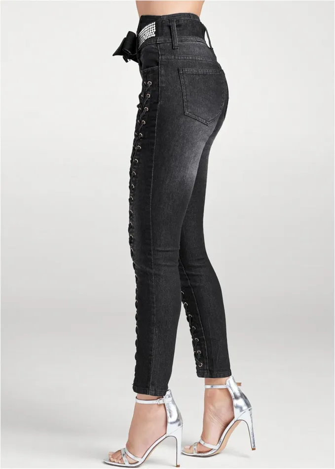 LaceUp Tie Belt Jeans Black Denim Women VENUS Novelty Jeans