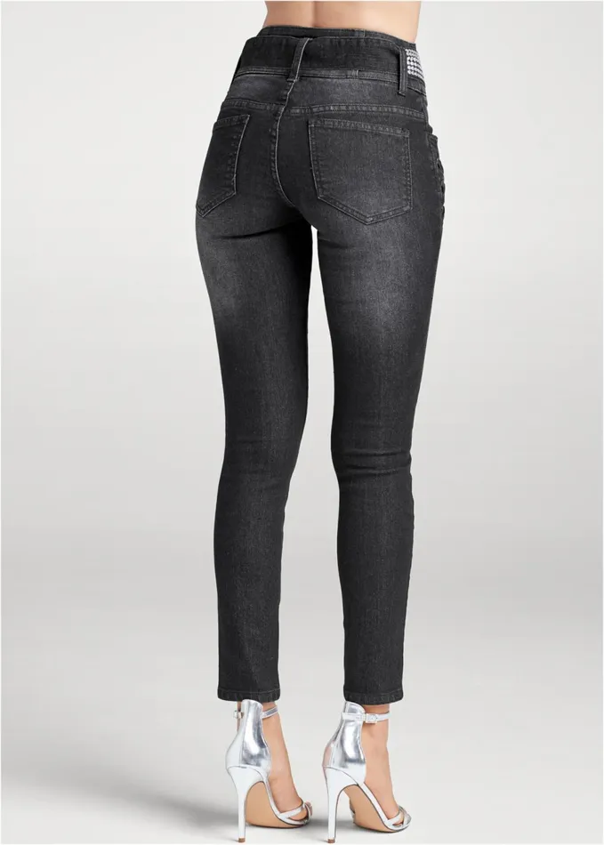 LaceUp Tie Belt Jeans Black Denim Women VENUS Novelty Jeans