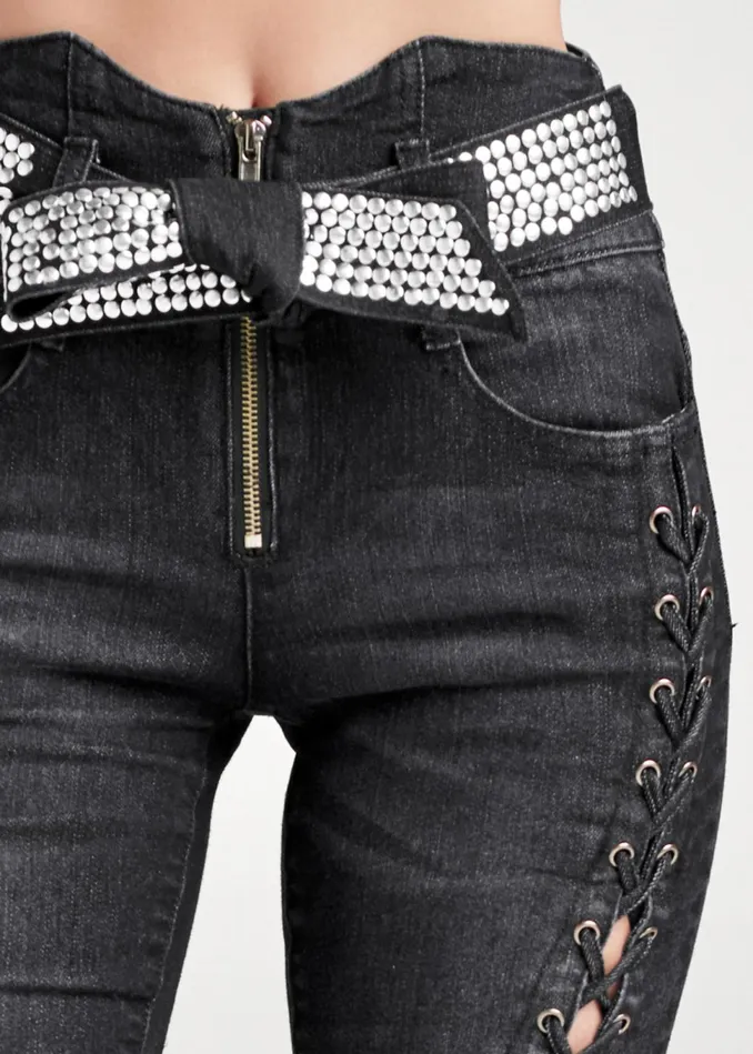 LaceUp Tie Belt Jeans Black Denim Women VENUS Novelty Jeans