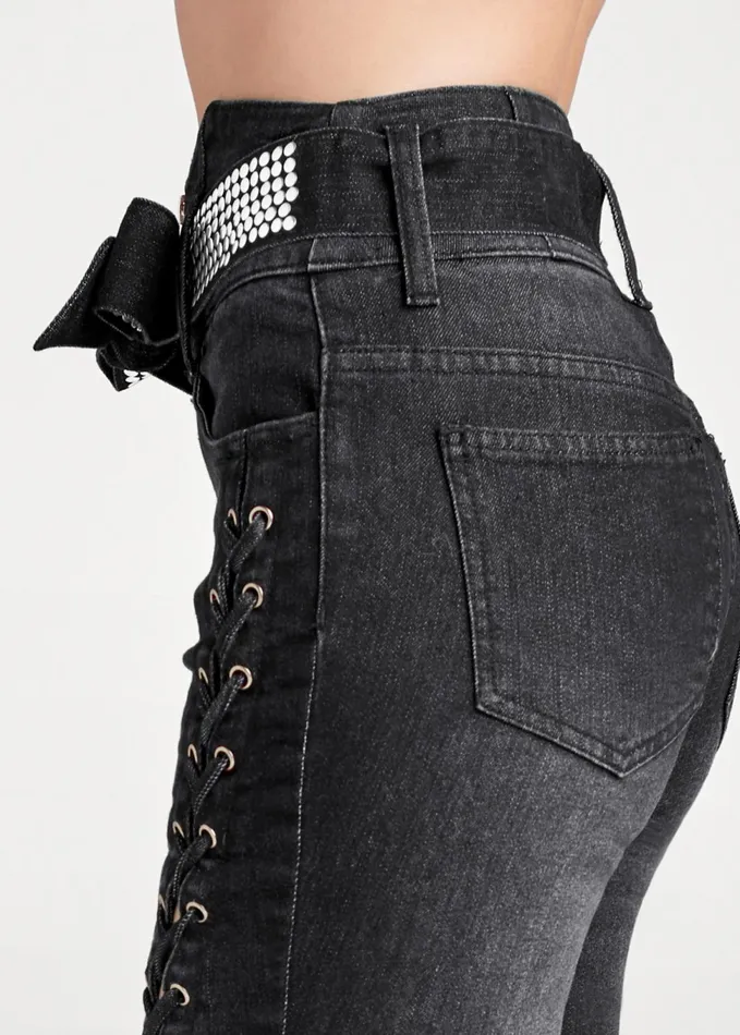 LaceUp Tie Belt Jeans Black Denim Women VENUS Novelty Jeans