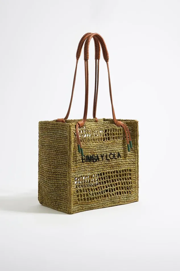Large Khaki Raffia Tote Bag Khaki Women Bimba Y Lola Raffia Bags