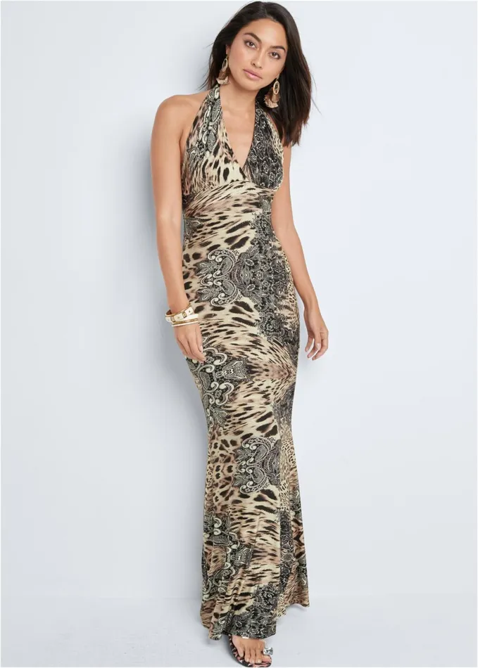 LEOPARD HALTER MAXI DRESS Brown Multi Women VENUS Casual Dresses