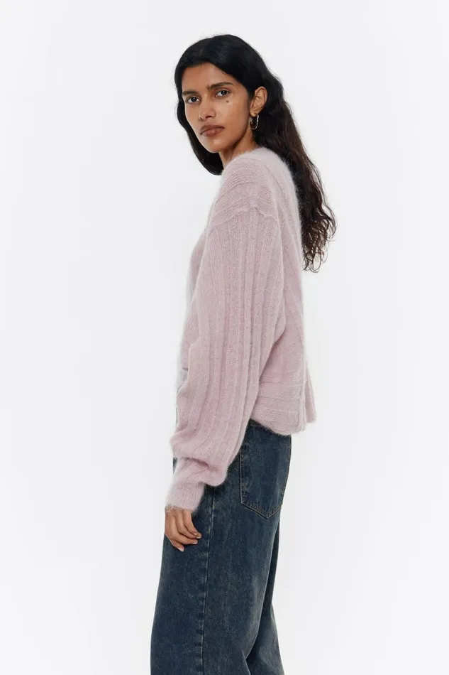 Light Pink Mohair Ribbed Cardigan Light Pink Women Bimba Y Lola Knitwear Light Pink Mohair Ribbed Cardigan Light Pink Women Bimba Y Lola Knitwear
