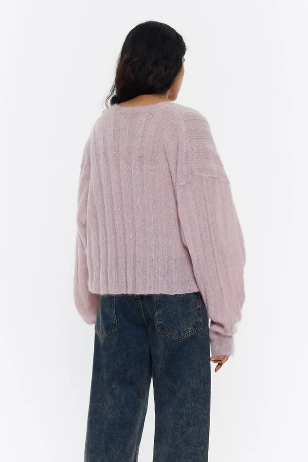 Light Pink Mohair Ribbed Cardigan Light Pink Women Bimba Y Lola Knitwear Light Pink Mohair Ribbed Cardigan Light Pink Women Bimba Y Lola Knitwear