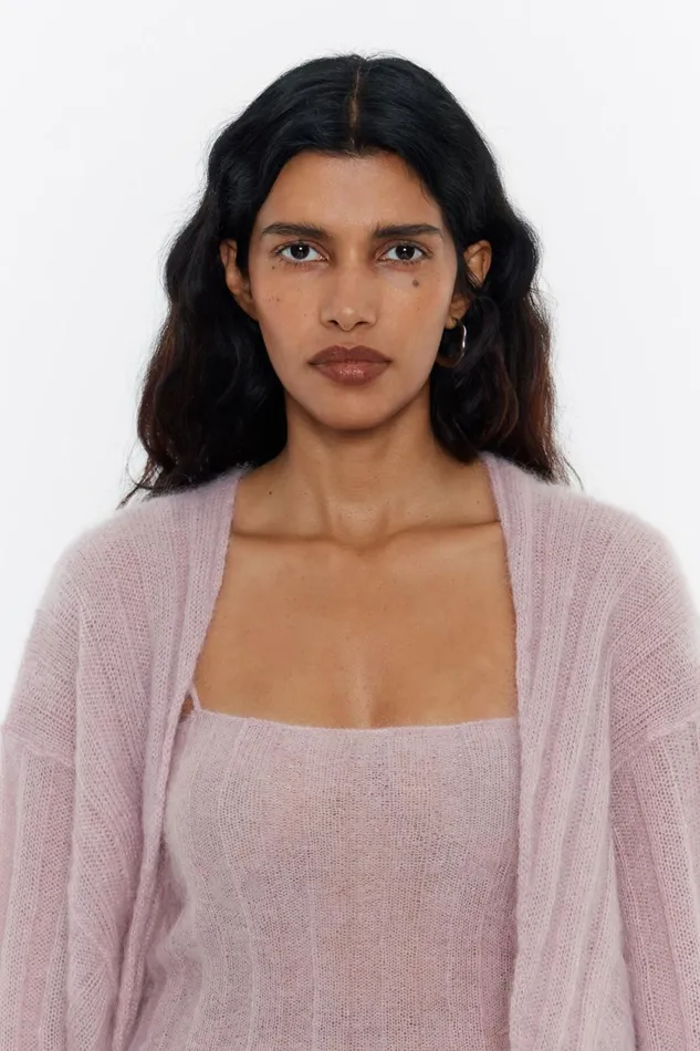 Light Pink Mohair Ribbed Cardigan Light Pink Women Bimba Y Lola Knitwear Light Pink Mohair Ribbed Cardigan Light Pink Women Bimba Y Lola Knitwear