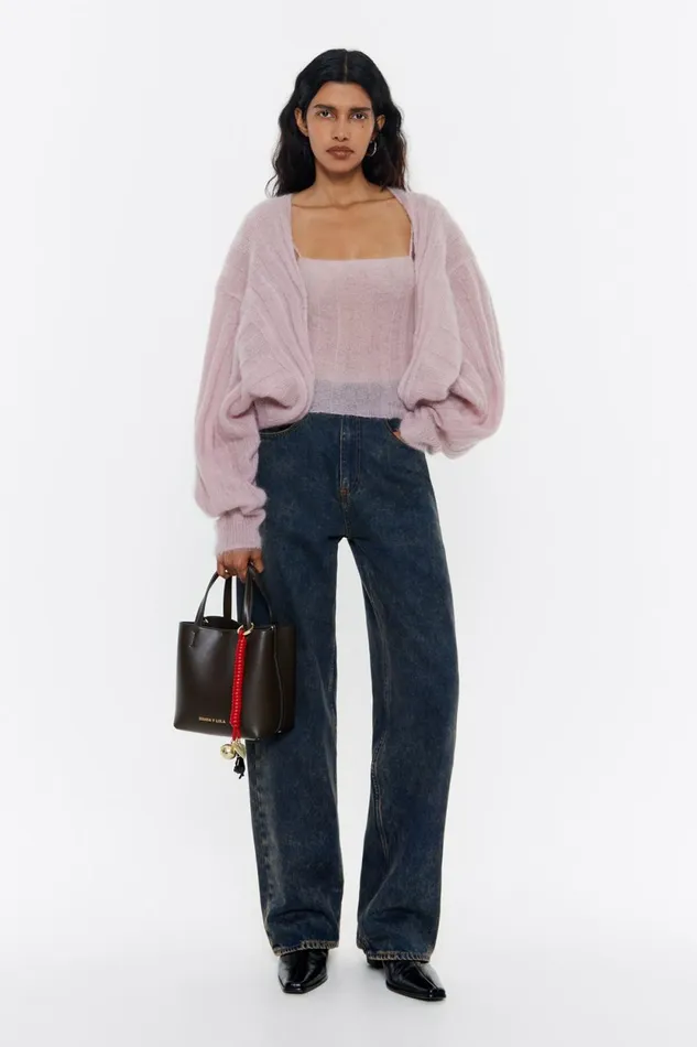 Light Pink Mohair Ribbed Cardigan Light Pink Women Bimba Y Lola Knitwear Light Pink Mohair Ribbed Cardigan Light Pink Women Bimba Y Lola Knitwear
