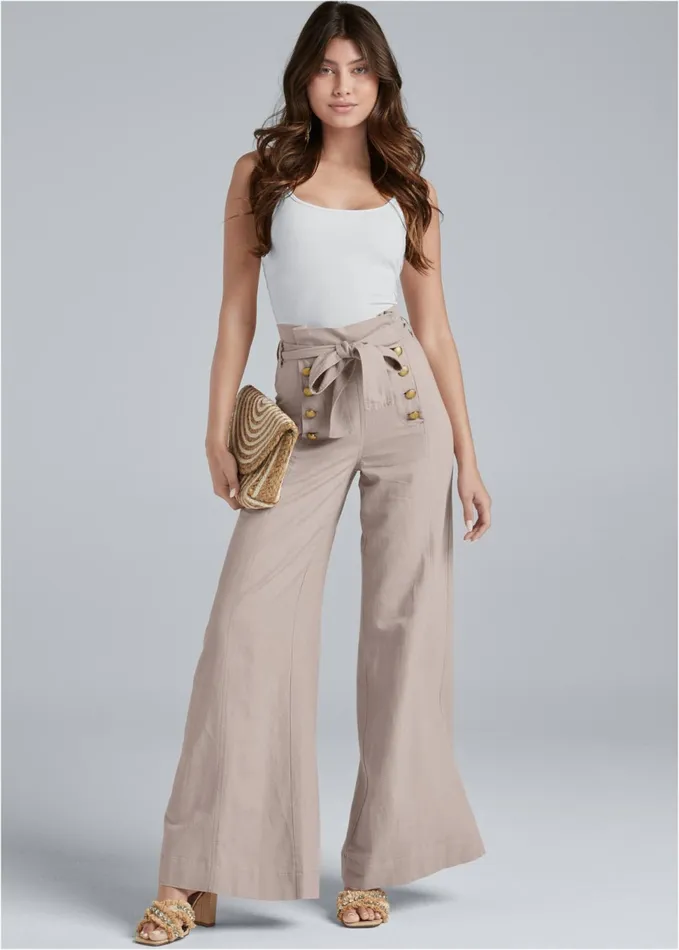 Linen Wide Leg Sailor Pants With Self Belt Taupe Women VENUS Casual