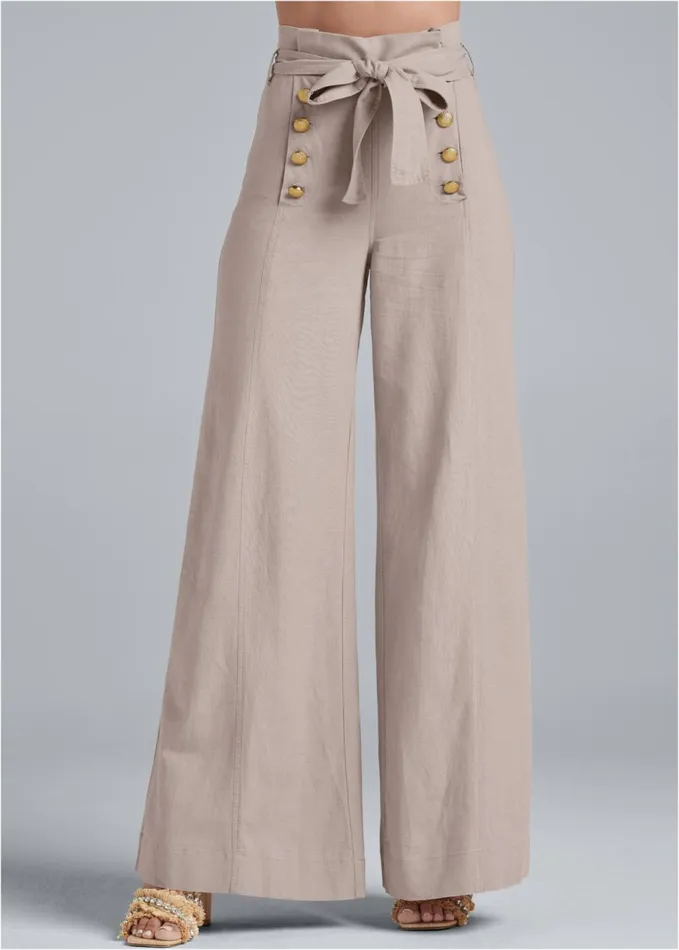 Linen Wide Leg Sailor Pants With Self Belt Taupe Women VENUS Casual