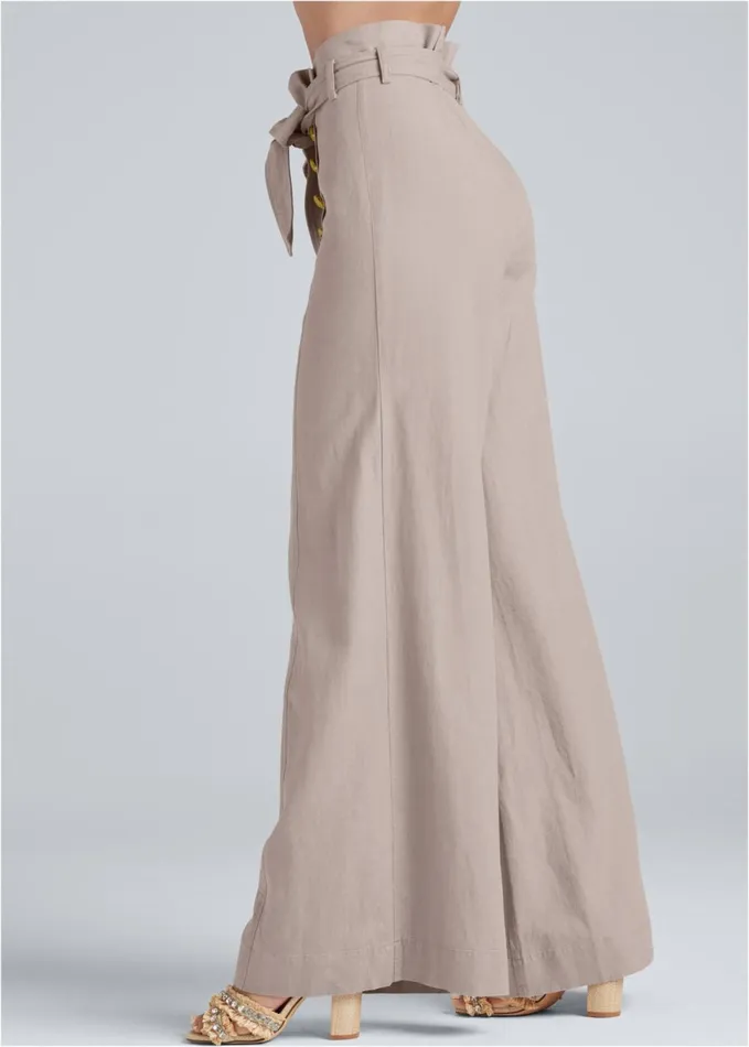 Linen Wide Leg Sailor Pants With Self Belt Taupe Women VENUS Casual