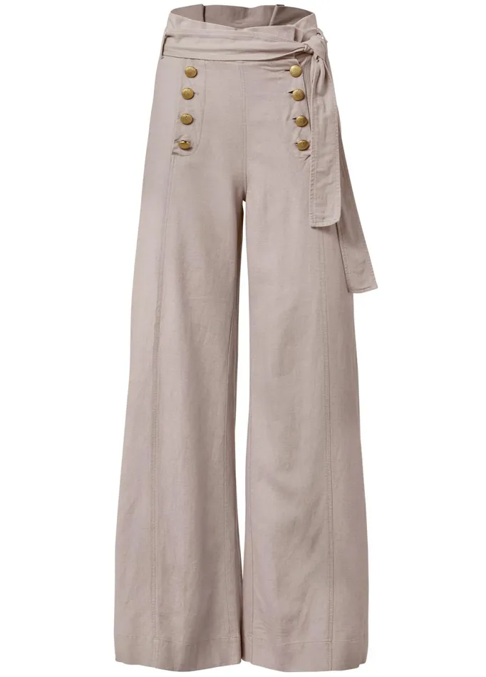 Linen Wide Leg Sailor Pants With Self Belt Taupe Women VENUS Casual