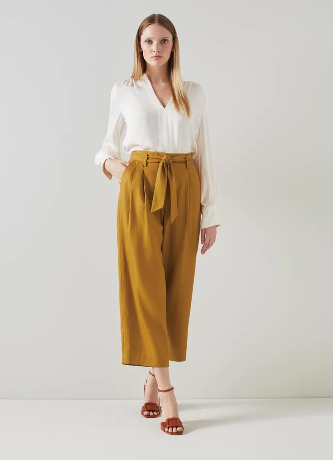 LK Bennett Almeida Tan Tie Belt Cropped Trousers Women Trousers