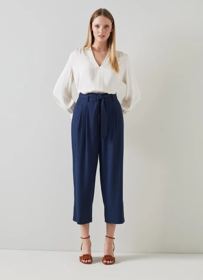 LK Bennett Almeida Tan Tie Belt Cropped Trousers Women Trousers