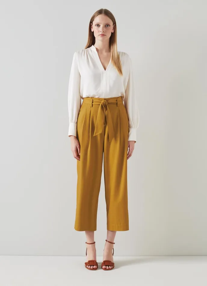 LK Bennett Almeida Tan Tie Belt Cropped Trousers Women Trousers