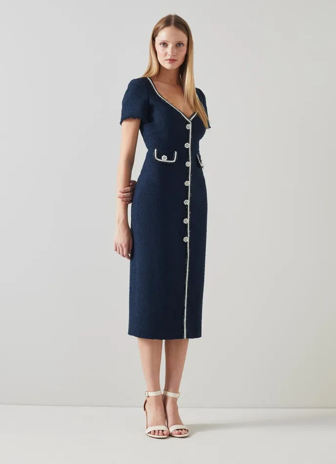 LK Bennett Angie Navy Italian Tweed Dress Women Dresses