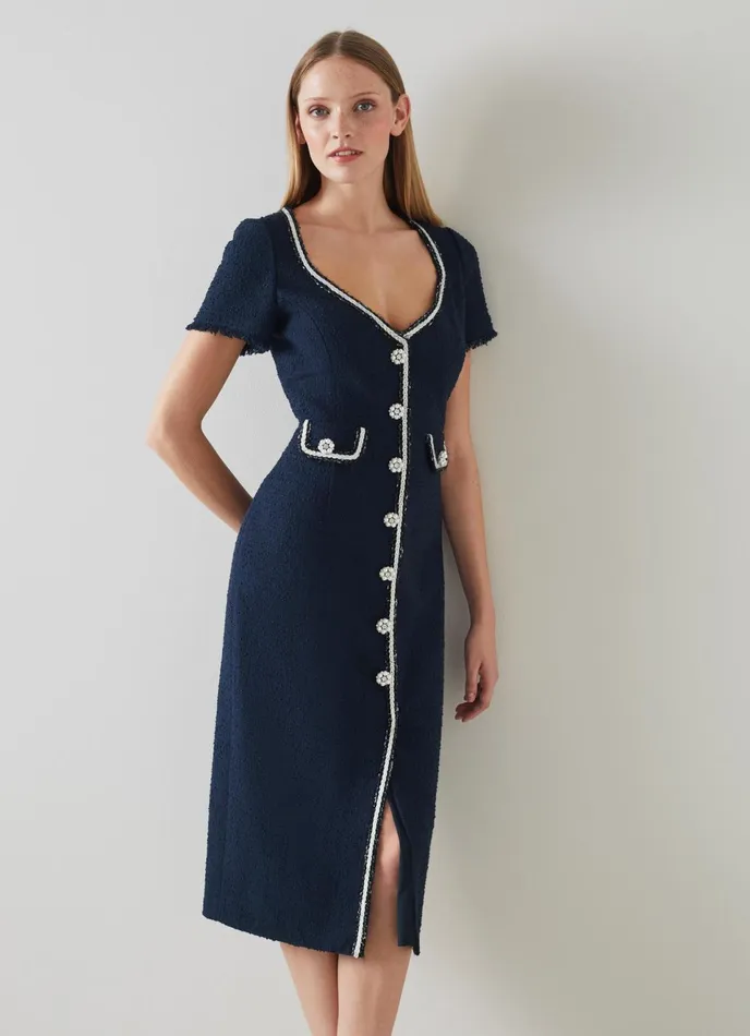 LK Bennett Angie Navy Italian Tweed Dress Women Dresses