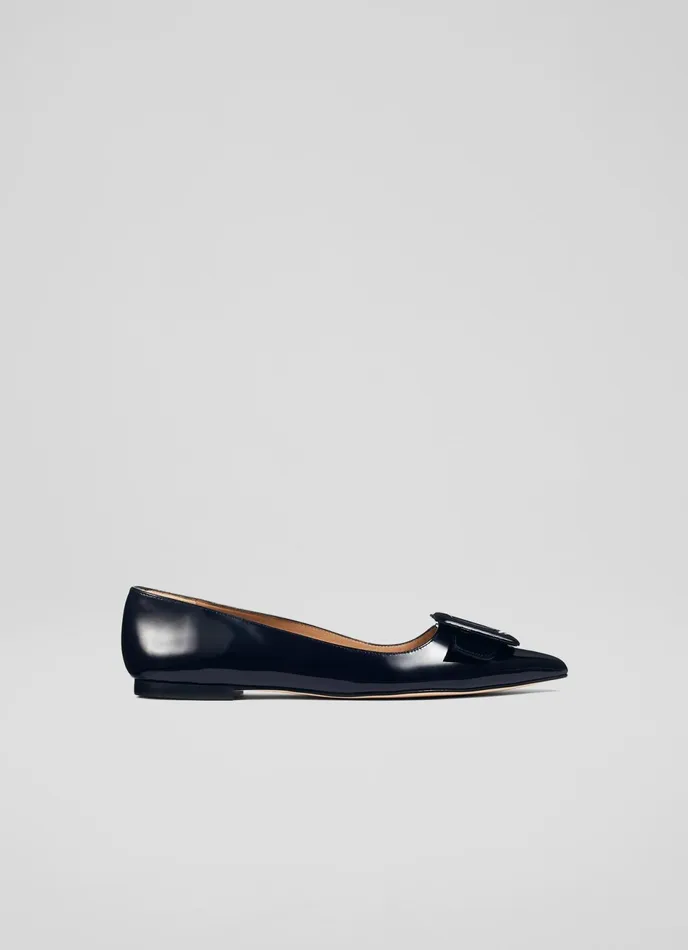 LK Bennett Devon Blue Patent Leather BuckleDetail Flats Women Flats
