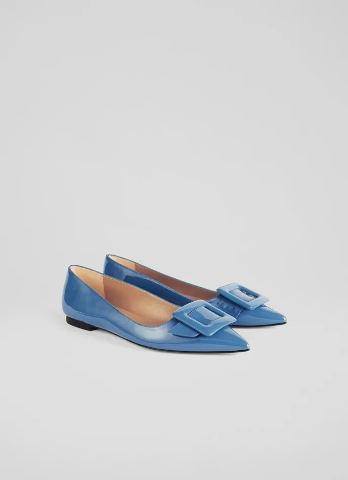 LK Bennett Devon Blue Patent Leather BuckleDetail Flats Women Flats