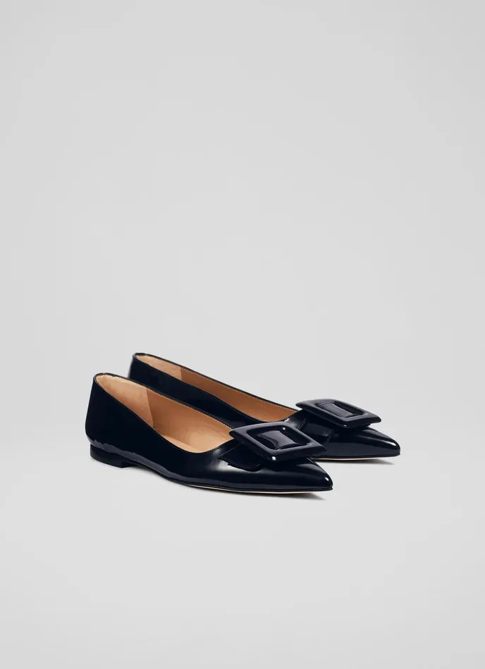LK Bennett Devon Blue Patent Leather BuckleDetail Flats Women Flats