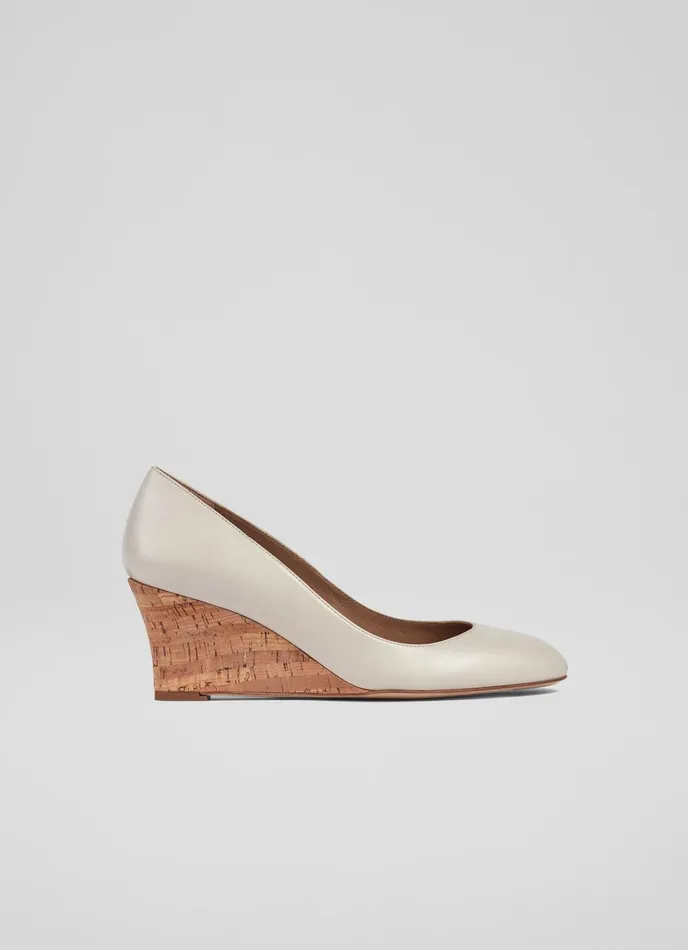 LK Bennett Eevi Ecru Leather Cork Wedges Women Court Shoes